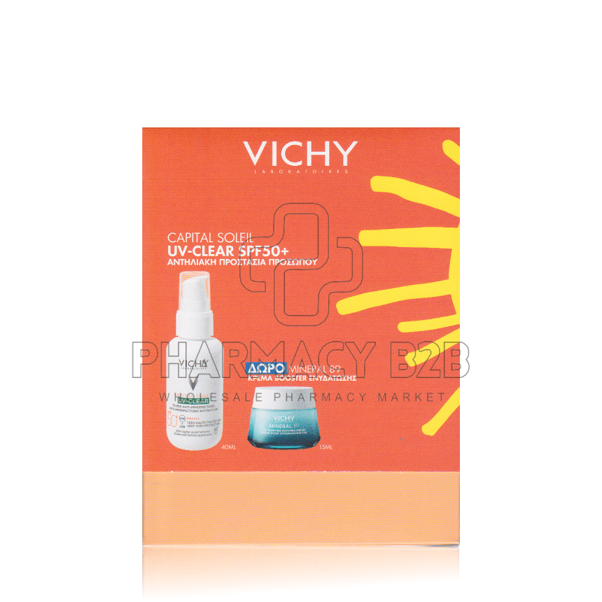VICHY Capital Soleil UV-Clear SPF50+ Λεπτόρρευστο Αντιηλιακό Προσώπου Κατά των Ατελειών & της Λιπαρότητας 40ml & Δώρο Mineral 89 Κρέμα Booster Ενυδάτωσης 15ml