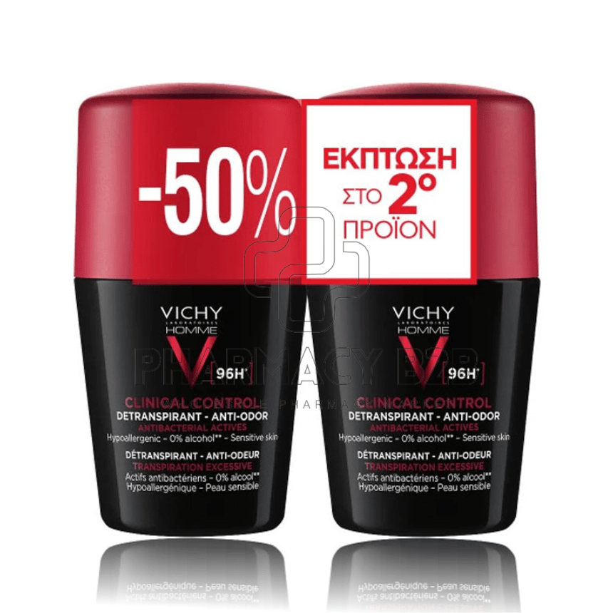 VICHY Homme Clinical Control 96h Detranspirant Anti-Odor Deodorant Roll-on Αποσμητικό για Ευαίσθητες Επιδερμίδες 2x50ml 