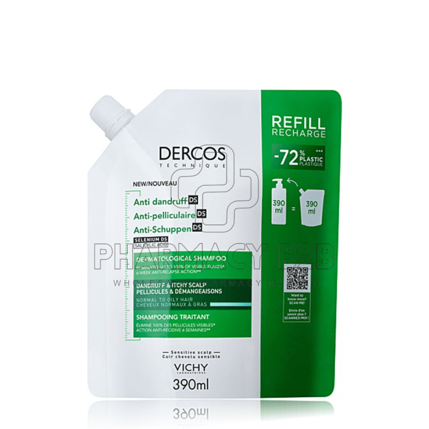 VICHY Dercos Anti Dandruff DS Eco Refill Ανταλλακτικό Σαμπουάν κατά της Πιτυρίδας για Κανονικά & Λιπαρά Μαλλιά 390ml
