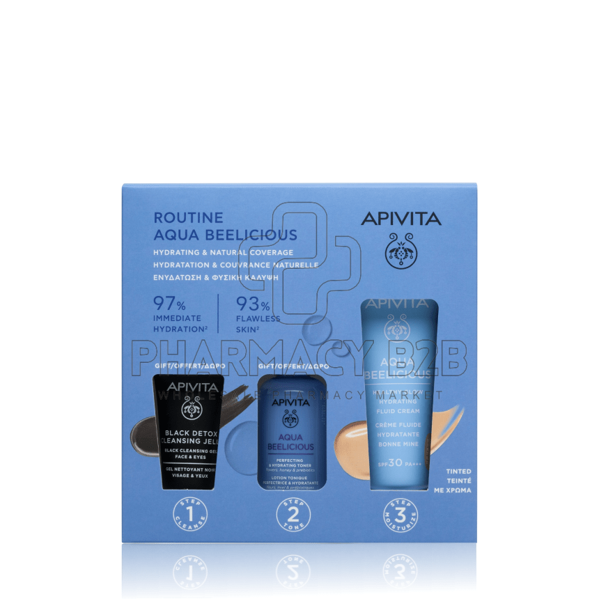 APIVITA Αqua Beelicious Ενυδατική Κρέμα με Χρώμα Ελαφριάς Υφής SPF30 & Δώρο Αqua Beelicious Ενυδατικό Τόνερ 50ml & Black Detox Gel Καθαρισμού 15ml