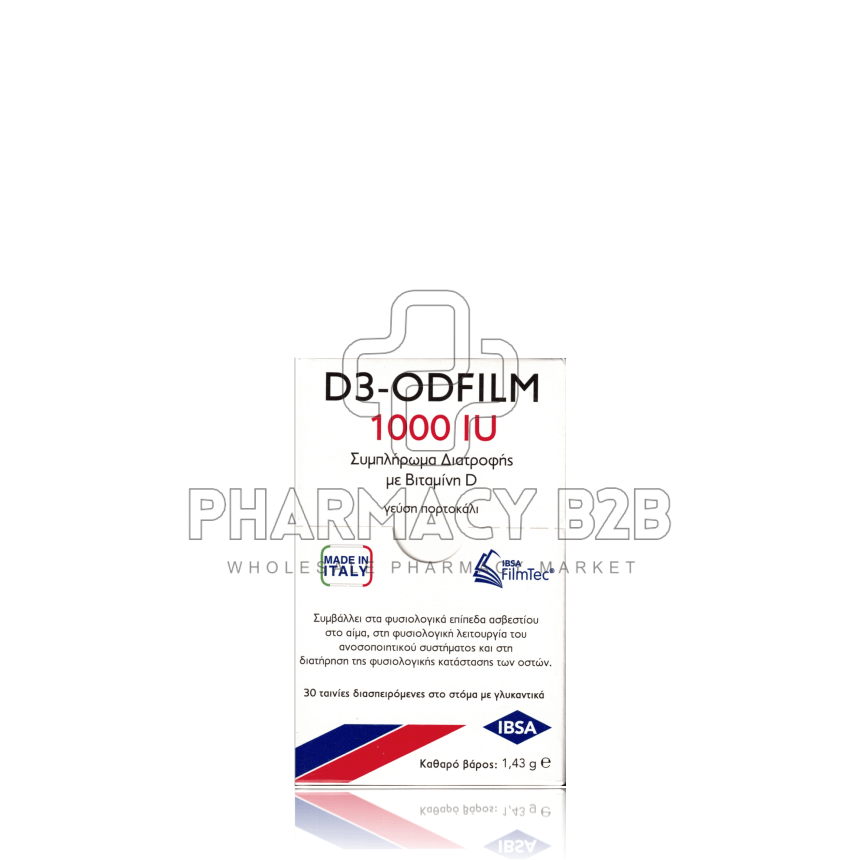 D3-ODFILM 1000IU Συμπλήρωμα διατροφής με βιταμίνη D x30 ταινίες διασπειρόμενες στο στόμα με γλυκαντικά