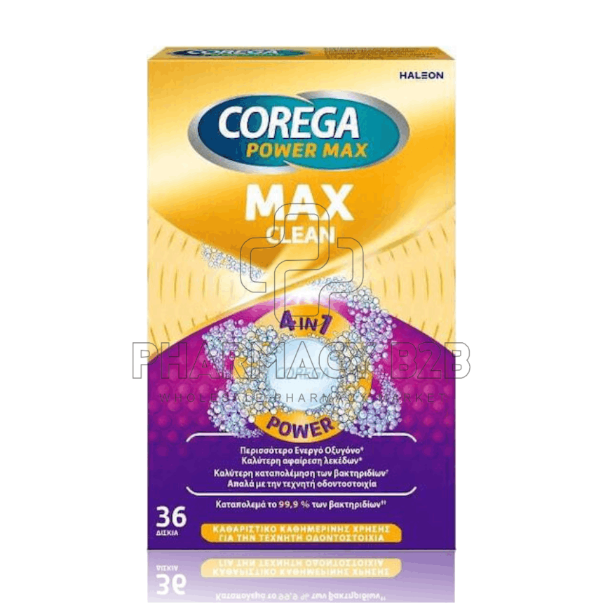 COREGA Power Max Clean 4in7 Καθαριστικά Δισκία για Τεχνητές Οδοντοστοιχίες με Περισσότερο Ενεργό Οξυγόνο x36 δισκία