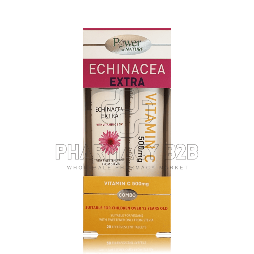 POWER OF NATURE Echinacea Extra με 100% Στέβια x20 αναβράζοντα δισκία Λεμόνι & Δώρο Βιταμίνη C 500mg x20 αναβράζοντα δισκία Πορτοκάλι