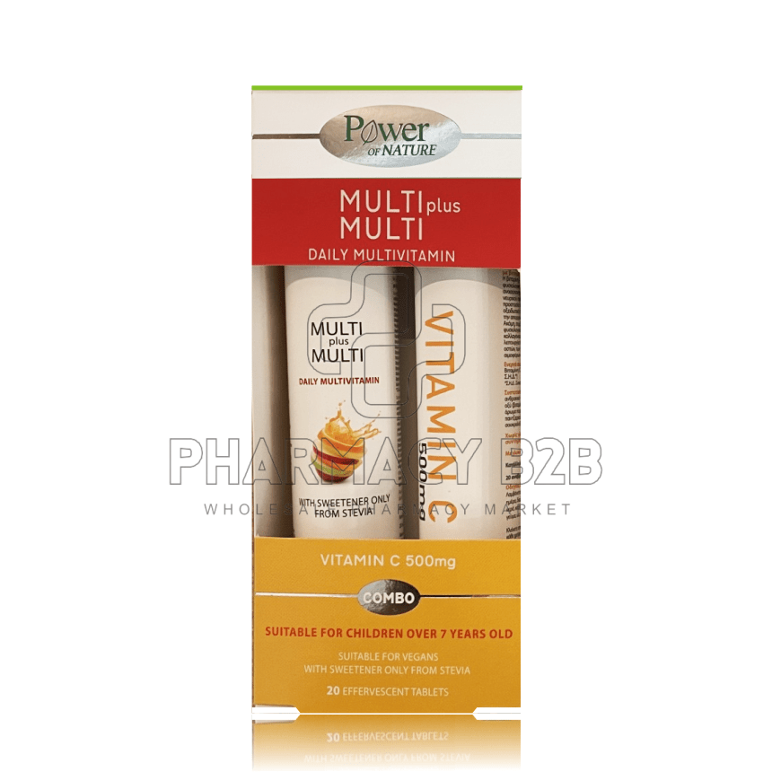 POWER OF NATURE Multi+Multi Πολυβιταμίνη με 100% Στέβια x20 αναβράζοντα δισκία Ροδάκινο & Δώρο Βιταμίνη C 500mg x20 αναβράζοντα δισκία Πορτοκάλι