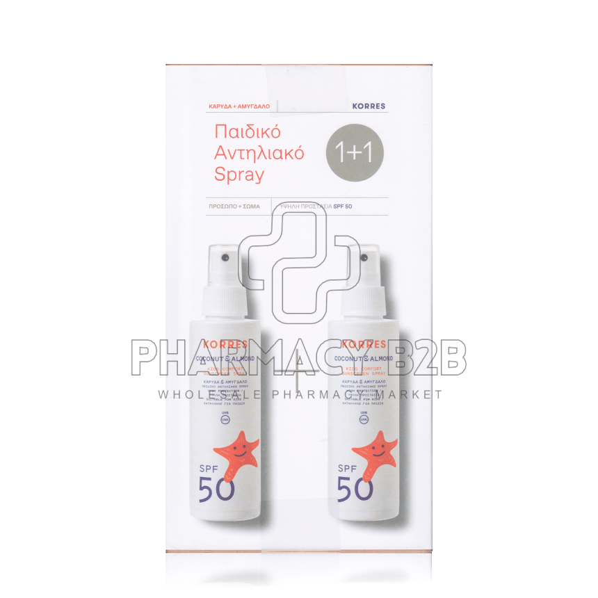 KORRES Coconut & Almond kids comfort sunscreen spray SPF50 Παιδικό αντηλιακό σπρέι για πρόσωπο & σώμα 2x150ml