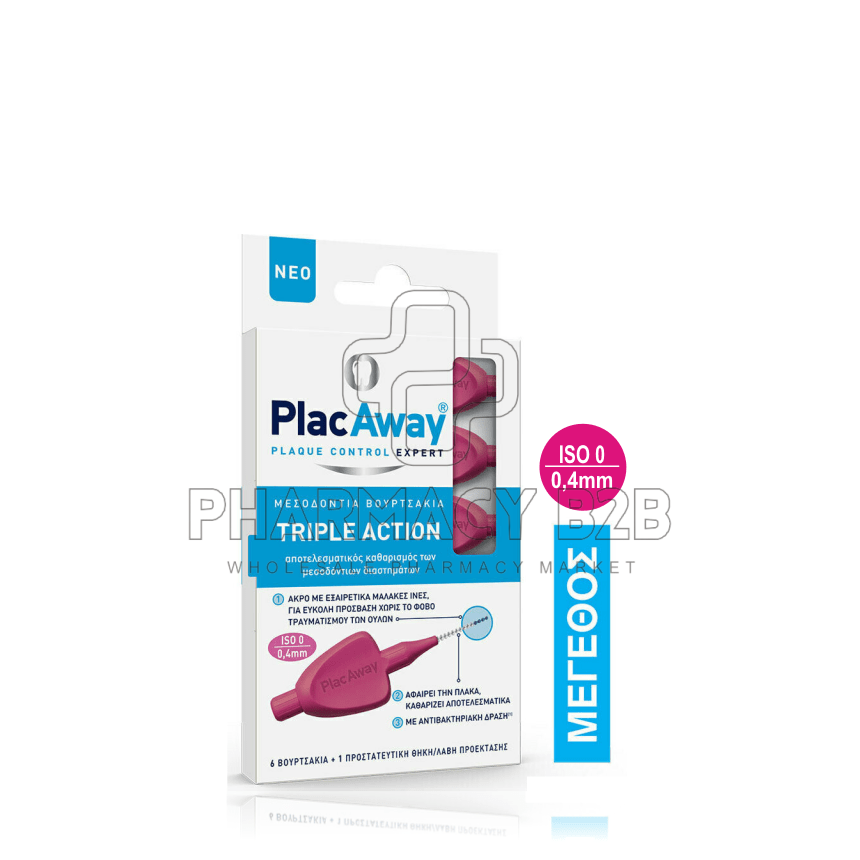 Plac Away Μεσοδόντιο Βουρτσάκι Triple Action 0.4mm, ISO 0, Ροζ, 6τεμ