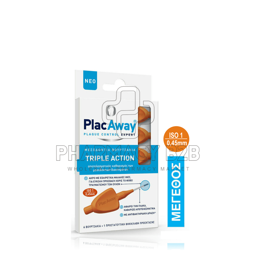 Plac Away Μεσοδόντιο Βουρτσάκι Triple Action 0.45mm, ISO 1, Πορτοκαλί, 6τεμ