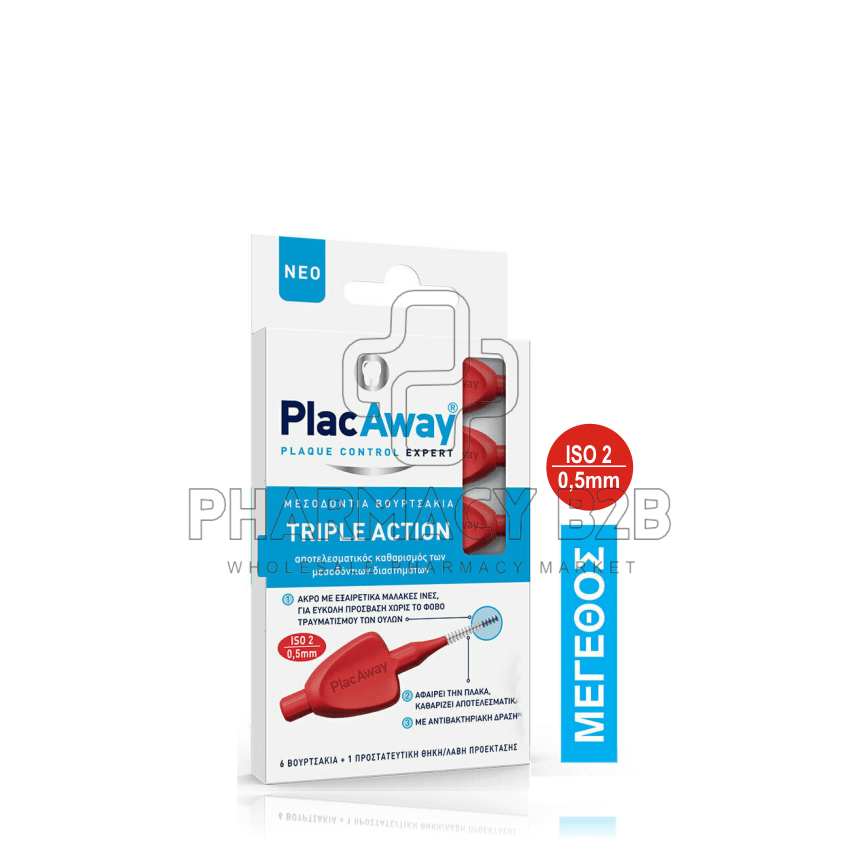 Plac Away Μεσοδόντιο Βουρτσάκι Triple Action 0.5mm, ISO 2, Κόκκινο, 6τεμ