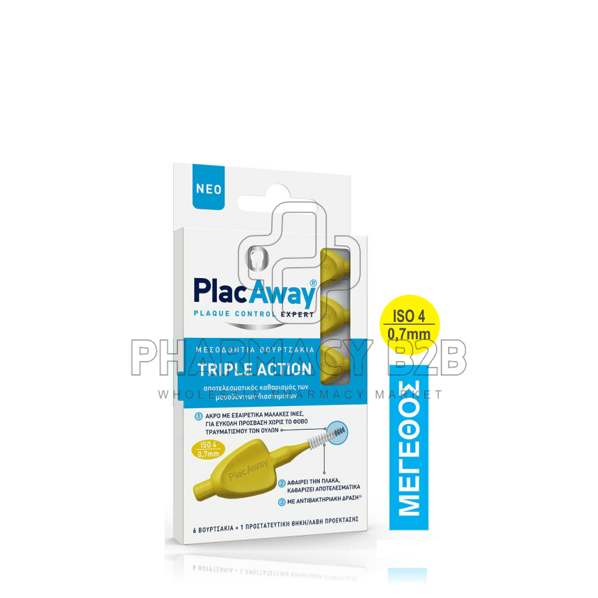 Plac Away Μεσοδόντιο Βουρτσάκι Triple Action 0.7mm, ISO 4, Κίτρινο, 6τεμ
