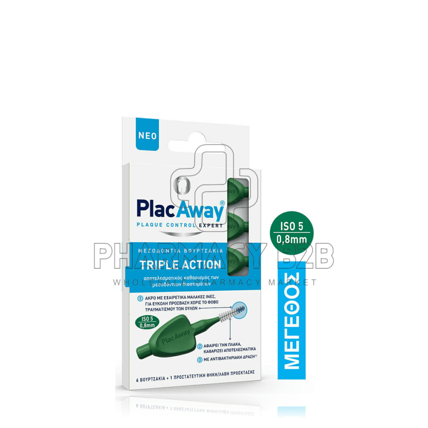 Plac Away Μεσοδόντιο Βουρτσάκι Triple Action 0.8mm, ISO 5, Πράσινο, 6τεμ