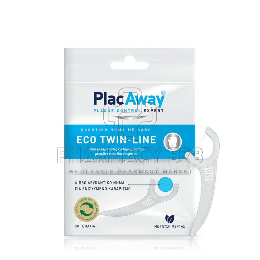 PLAC AWAY Eco Twin-Line Διπλό Λευκαντικό Οδοντικό Νήμα με Λαβή 30τεμ