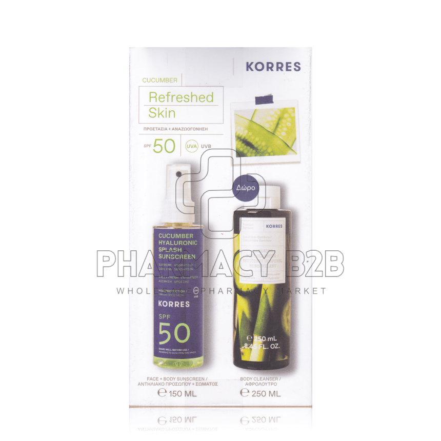 KORRES Cucumber Refreshed Skin Πακέτο με Αντιηλιακό Splash Για Πρόσωπο & Σώμα SPF50 Με Αγγούρι & Υαλουρονικό 150ml & Δώρο Αφρόλουτρο Αγγούρι & Bamboo 250ml