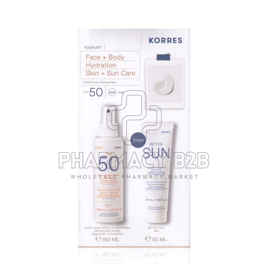 KORRES Yoghurt Face+Body Hydration Skin+Sun Care με Aντηλιακό Spray Σώματος-Προσώπου SPF50 150ml & Δώρο After Sun Gel Προσώπου-Σώματος 50ml